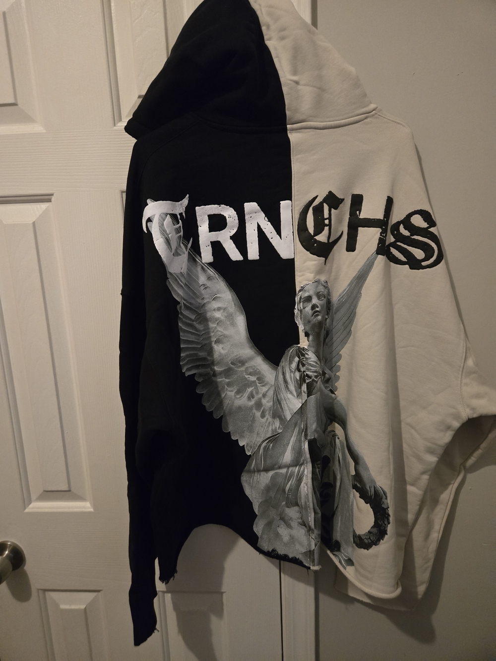 Black & White Split Graphic Hoodie with Angel Print Cream June 15 Last Day